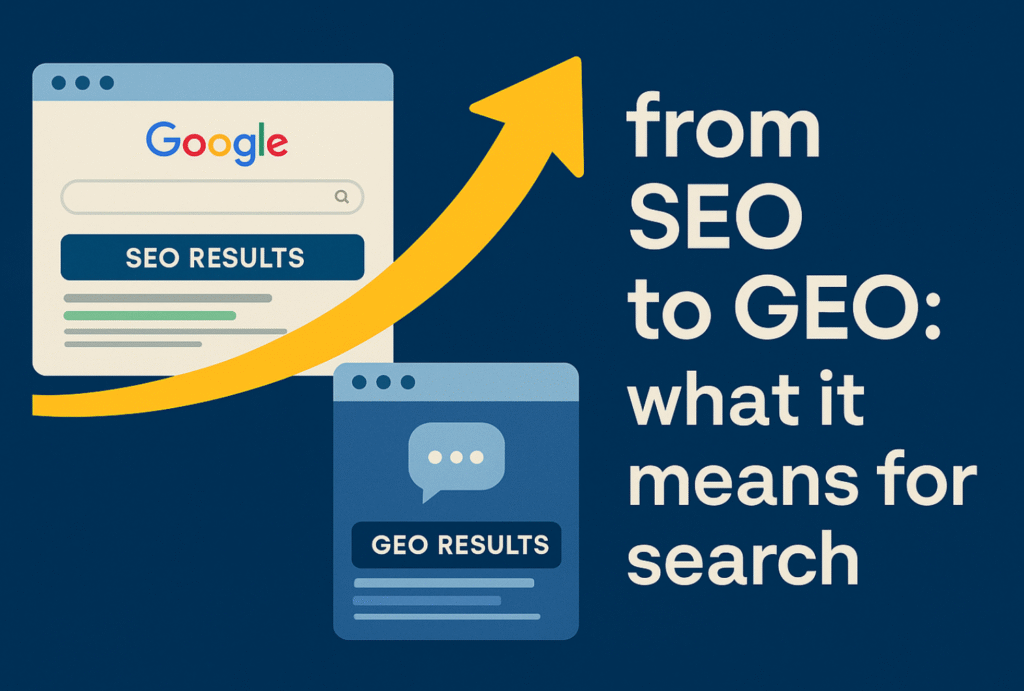 A digital illustration showing the evolution of search engine results, transitioning from traditional SEO-based link listings to AI-generated answers and dynamic search previews.