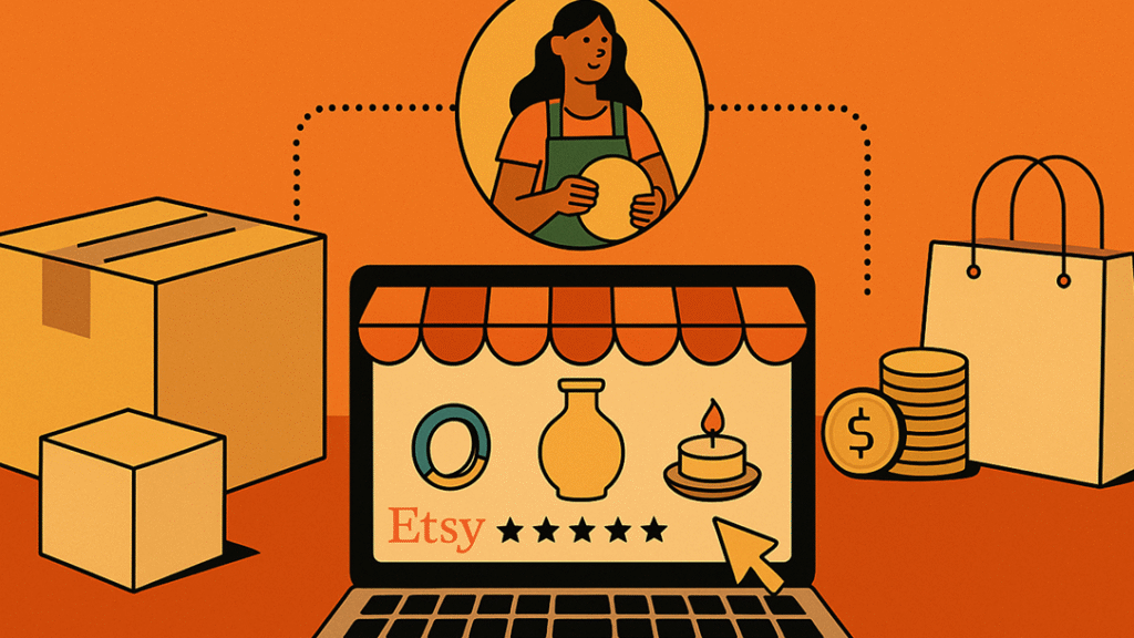 Flat digital illustration of an online shop interface with handmade products, surrounded by icons representing e-commerce activity