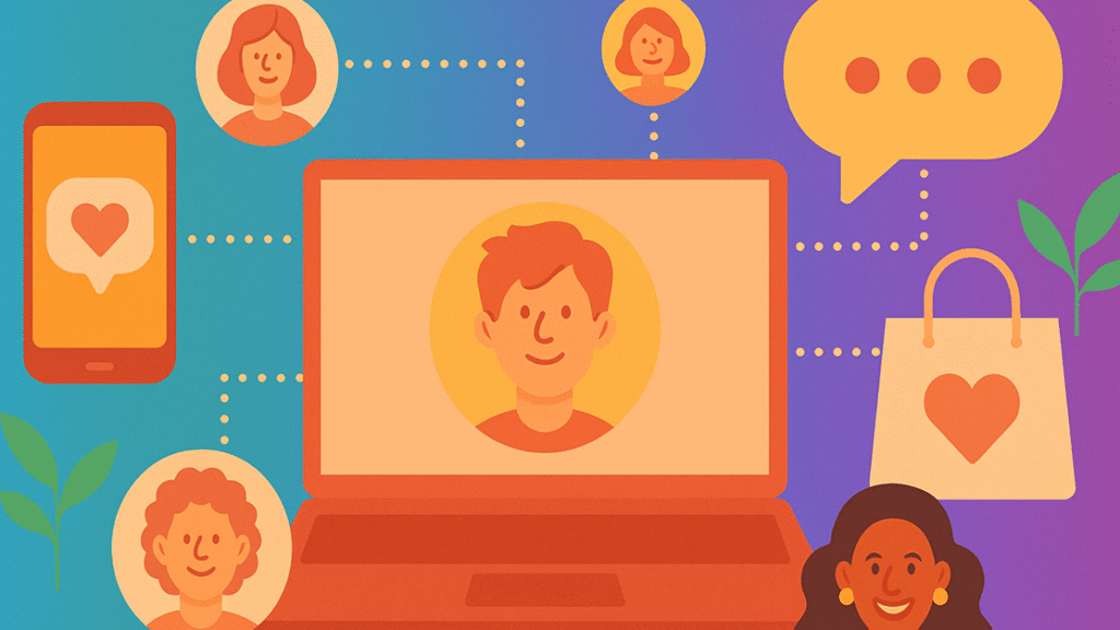 Flat digital illustration of diverse people interacting online through mobile devices, forming a virtual community.