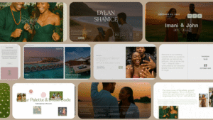 A collage of modern wedding website templates featuring diverse couples, elegant typography, and culturally inclusive design elements, showcasing various layout styles, images, and colour palettes.