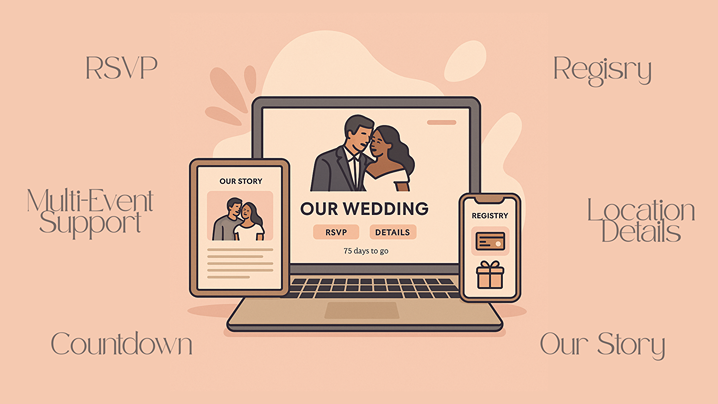 An illustrated digital graphic showing a wedding website displayed on a laptop, tablet, and smartphone. The site features a couple and includes sections for RSVP, registry, countdown, location details, and event information.