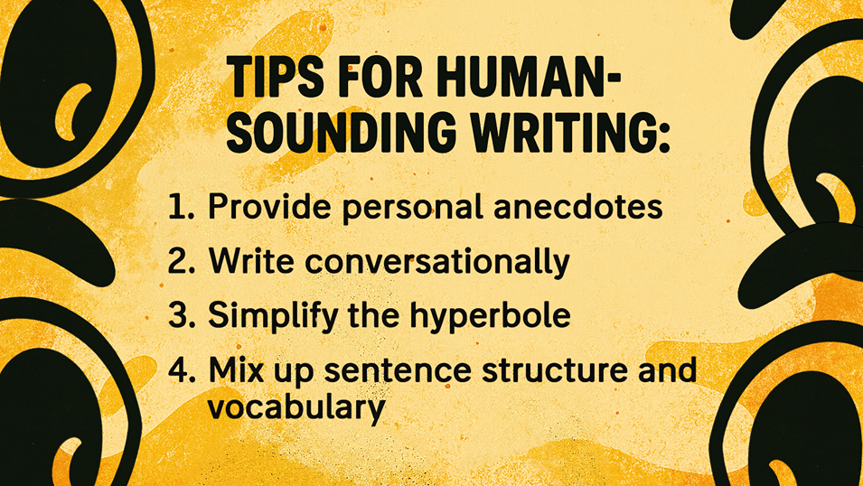 Yellow background with bold black text listing "Tips for human-sounding writing" next to stylized eye graphics.