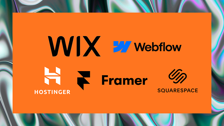 Logos of five leading AI website builders: Wix, Webflow, Hostinger, Framer, and Squarespace displayed on an orange background