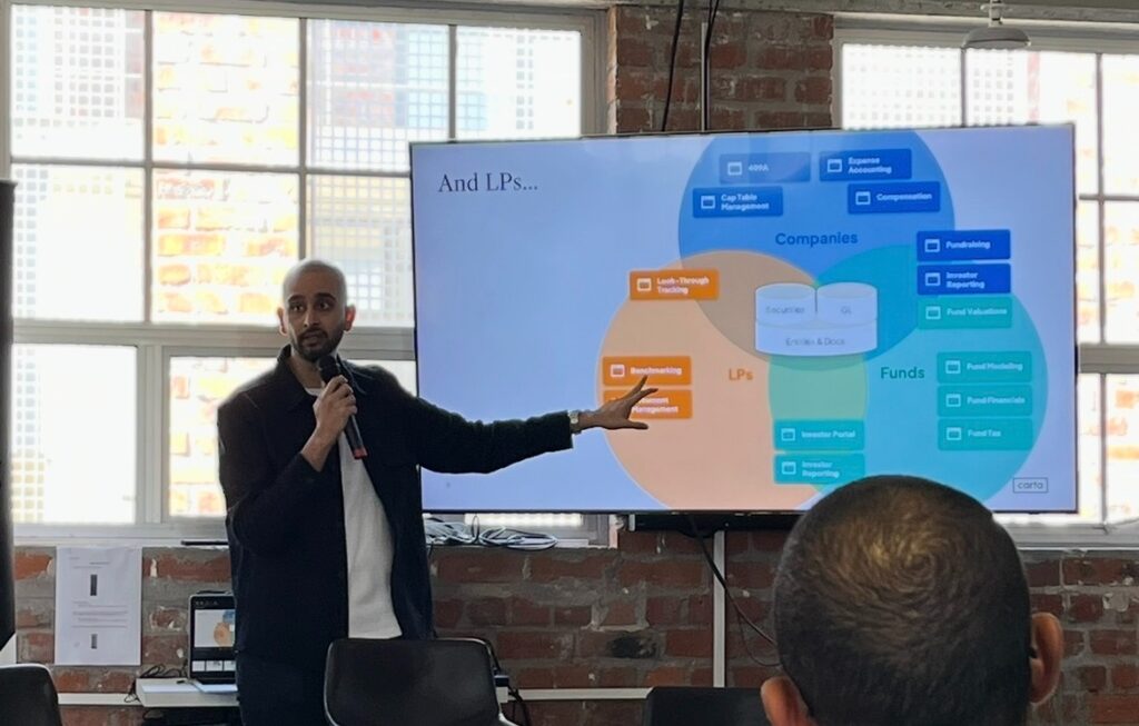 A speaker gesturing toward a large screen displaying a Carta product diagram showing the relationship between Companies, LPs, and Funds.