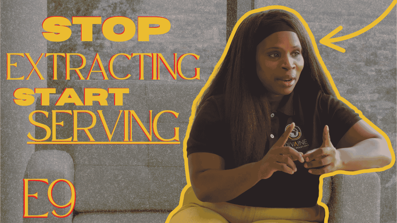 Podcast thumbnail for Episode 9 featuring a woman in a black branded polo shirt, with bold text reading "Stop Extracting, Start Serving."