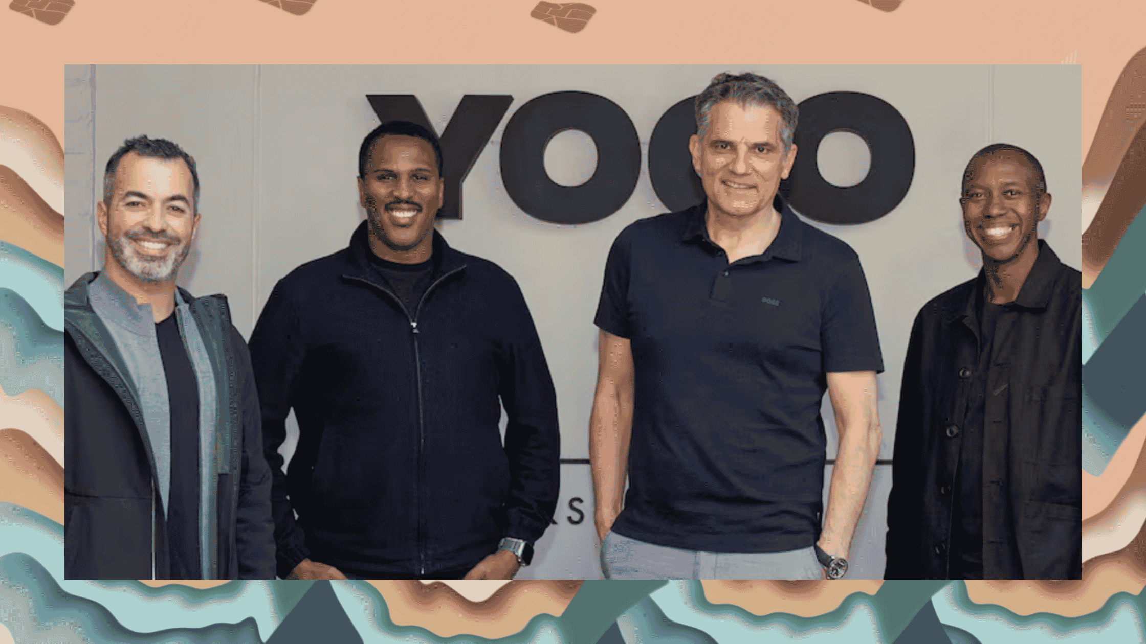 our men standing together and smiling in front of a wall with the YOCO logo, set against a tan and teal decorative background with tap-to-pay icons.