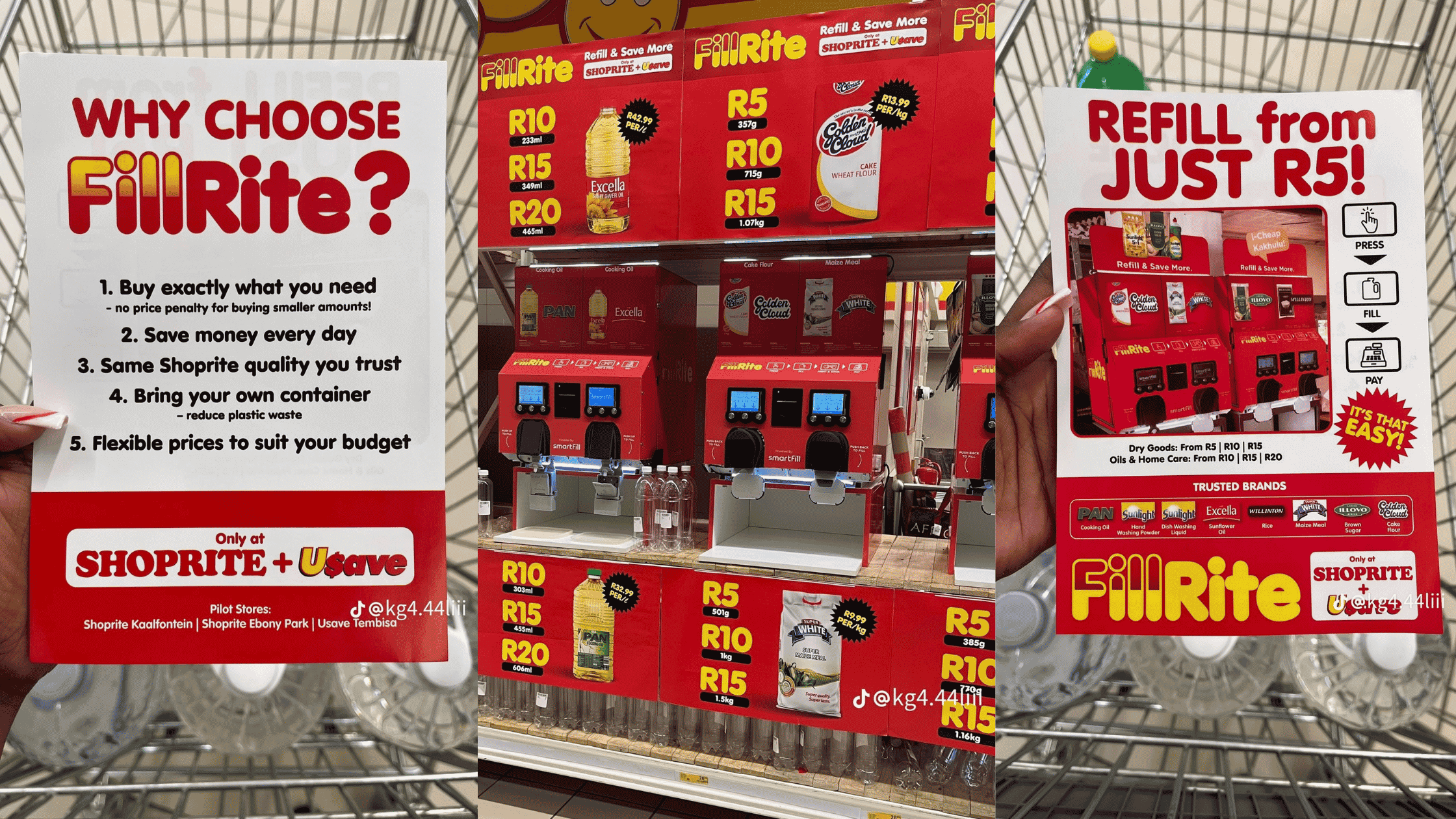 A three-panel photo showing a FillRite promotional flyer listing five reasons to choose the service, a red FillRite refill dispenser wall with cooking oil, cake flour and maize meal priced from R5, and a second flyer explaining the press, fill, pay process.
