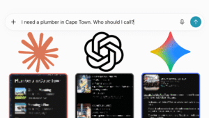 A chat input box containing “I need a plumber in Cape Town. Who should I call?” above the Claude, ChatGPT and Gemini logos, each over a blurred screenshot of its answer.