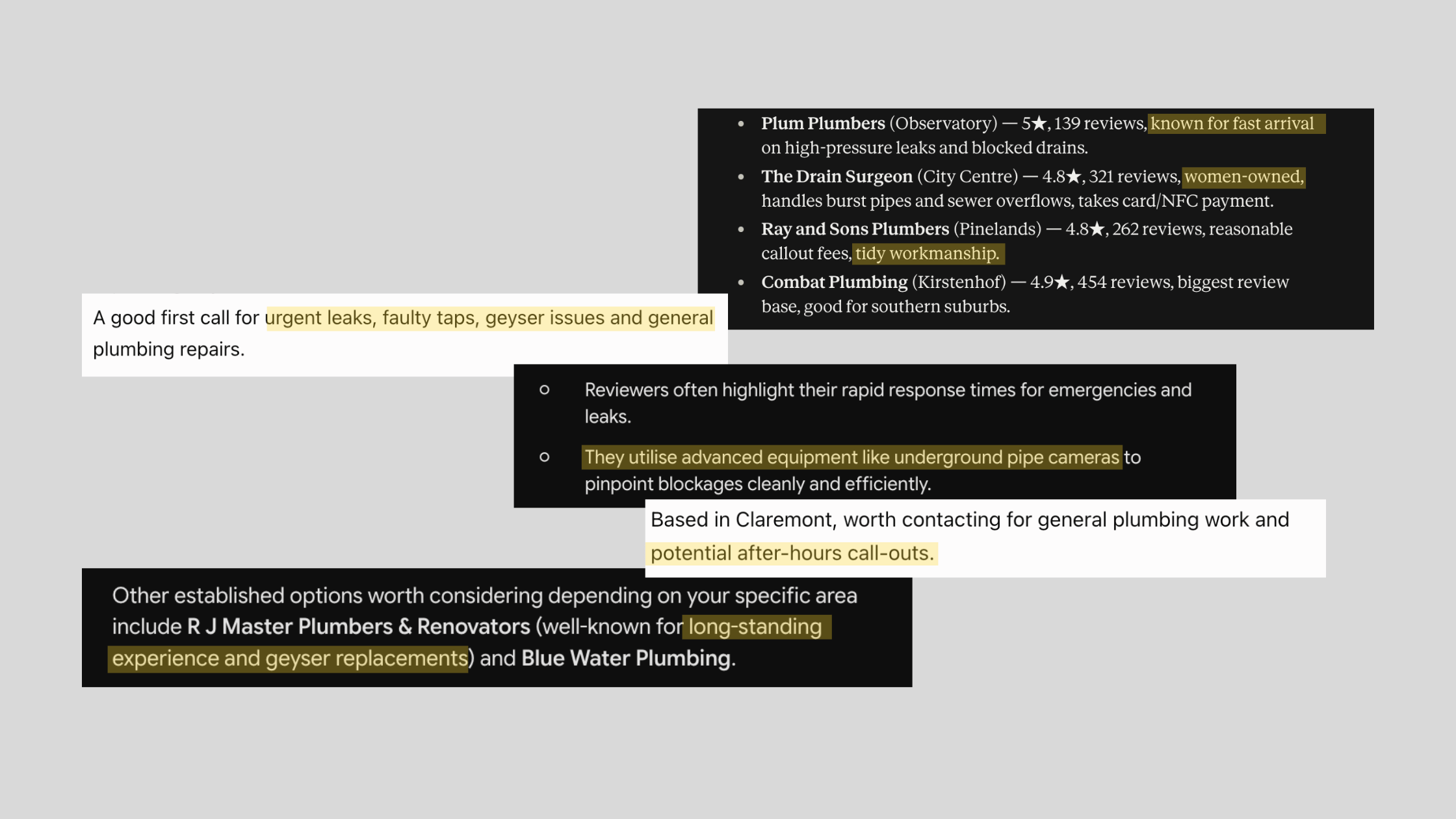 Five cropped text excerpts from AI chatbot answers about plumbers in Cape Town, with key phrases highlighted in yellow on light and dark backgrounds.